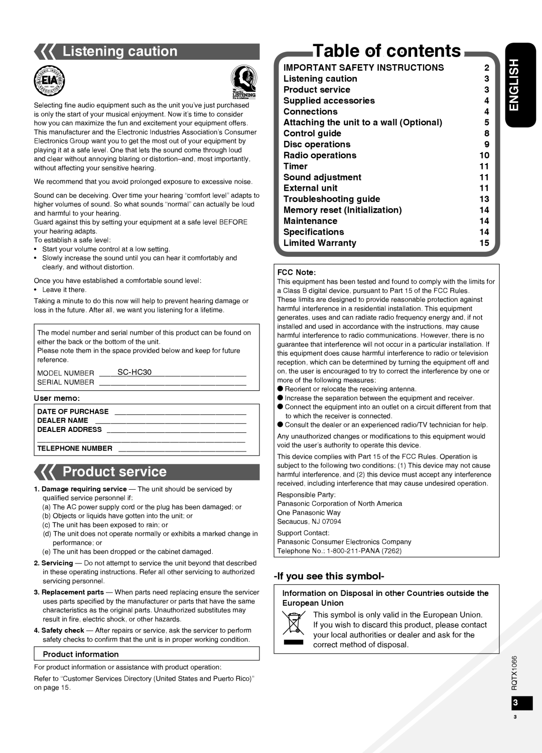 Panasonic SC-HC30 operating instructions Table of contents 