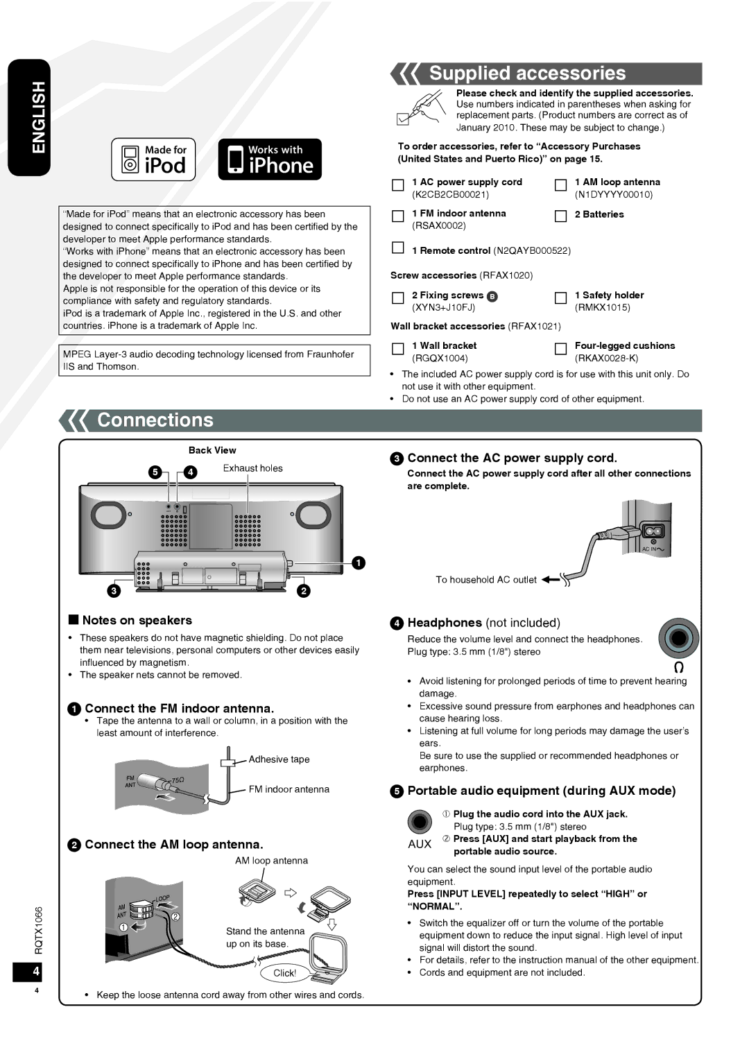 Panasonic SC-HC30 operating instructions Connections, Supplied accessories 