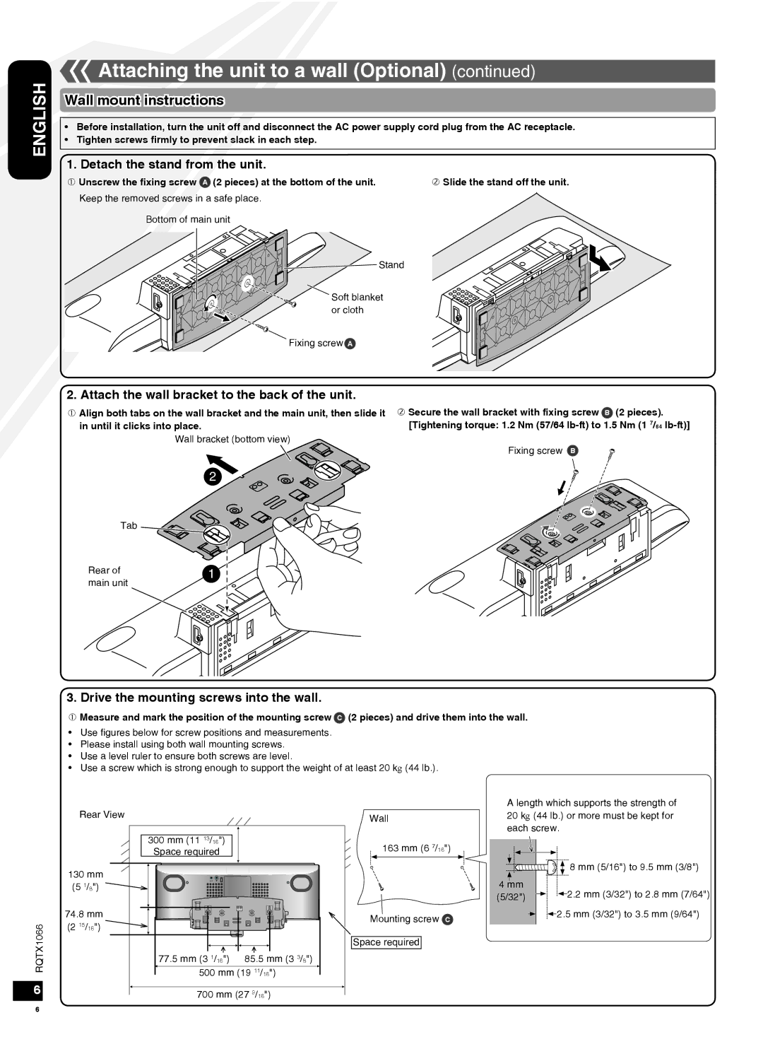 Panasonic SC-HC30 Wall mount instructions, Detach the stand from the unit, Attach the wall bracket to the back of the unit 