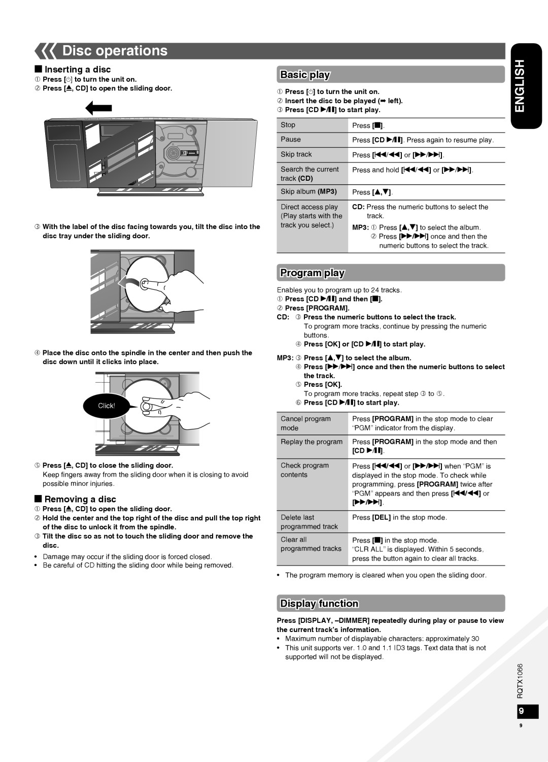 Panasonic SC-HC30 operating instructions Disc operations, Basic play, Program play, Display function 