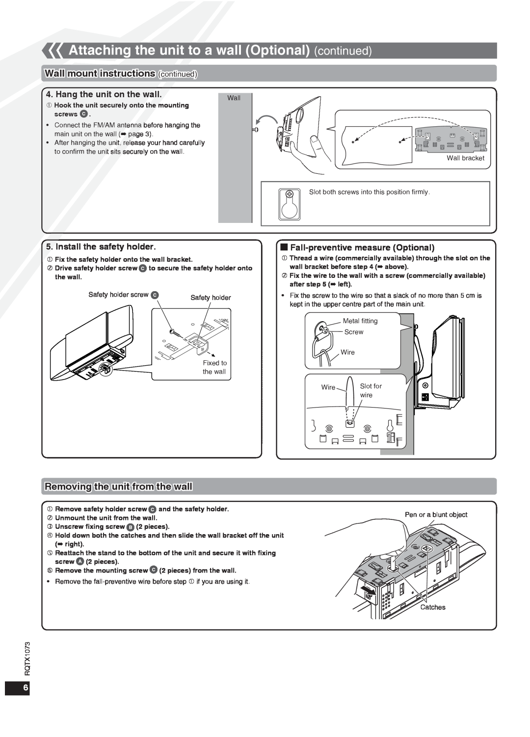Panasonic SC-HC30 manual Wall mount instructions continued, Removing the unit from the wall, Hang the unit on the wall 