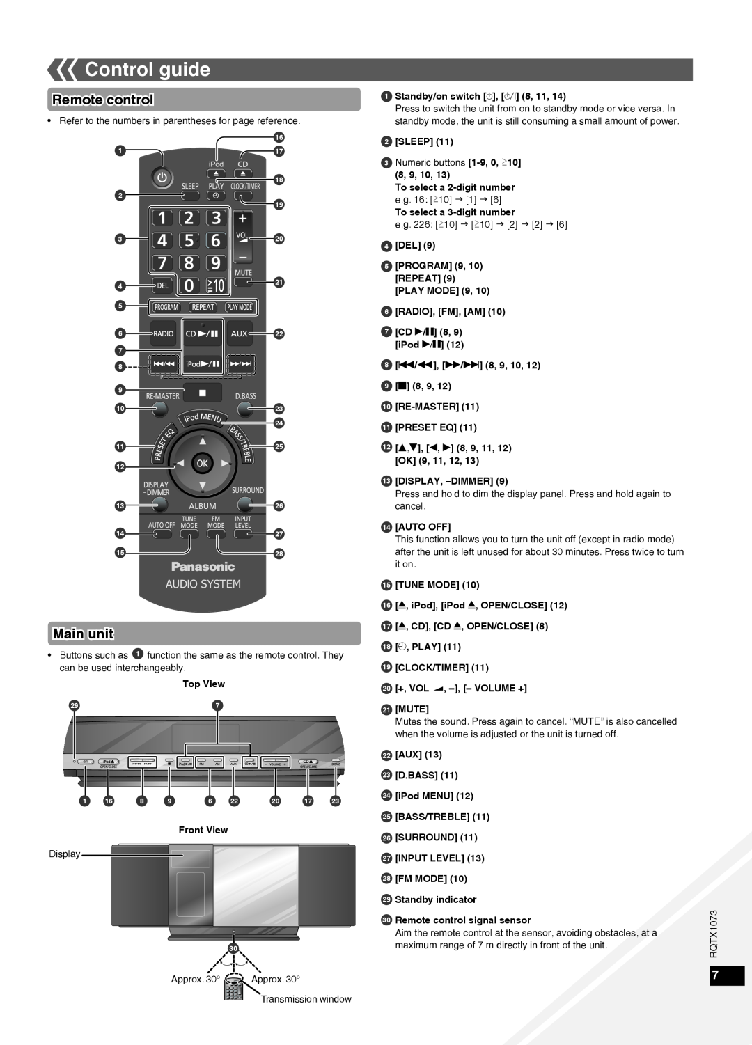 Panasonic SC-HC30 manual Control guide, Remote control, Main unit, Audio System 