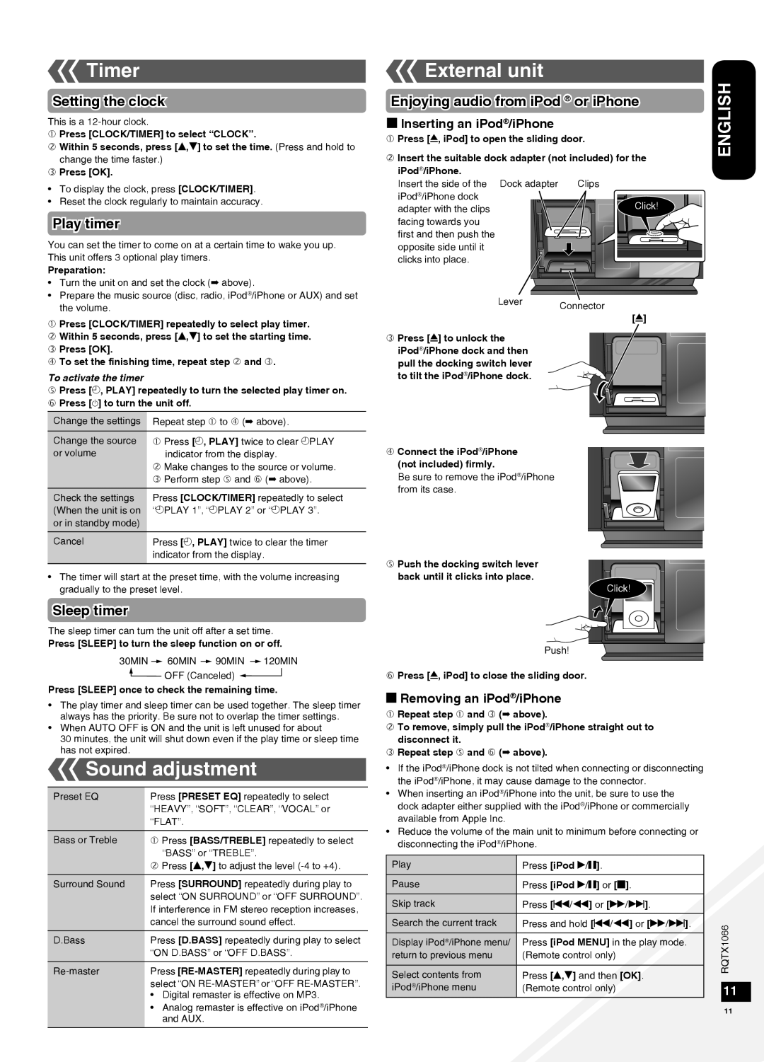 Panasonic SC-HC30 Timer, Sound adjustment, External unit, Setting the clock, Play timer, Sleep timer, Click 
