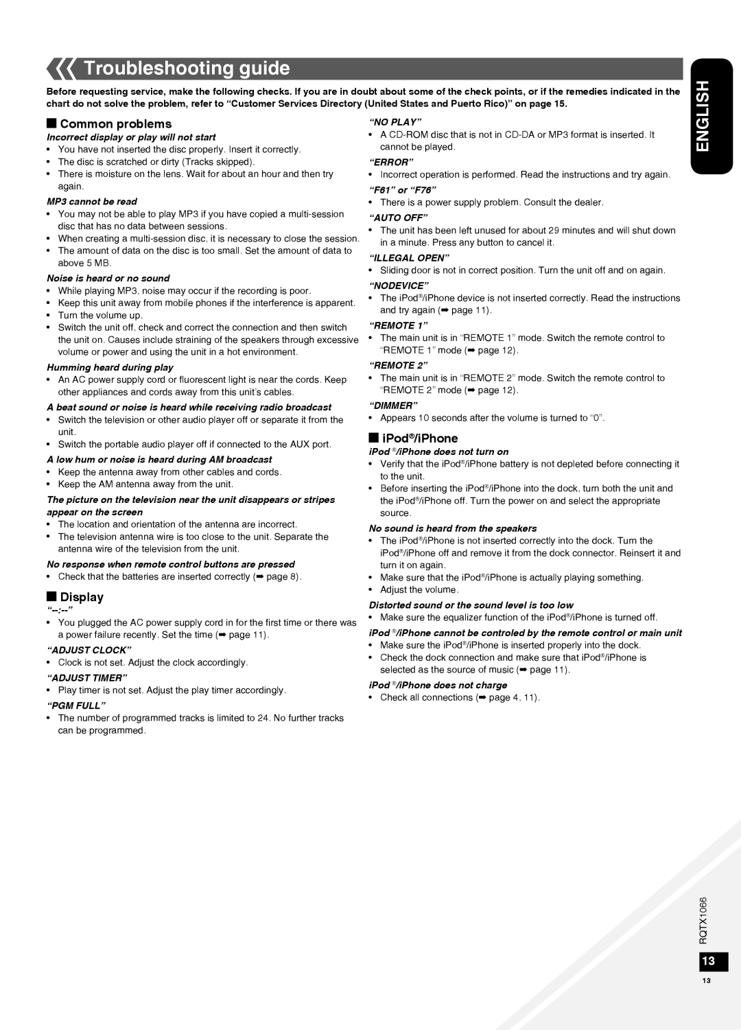 Panasonic SC-HC30 operating instructions Troubleshooting guide, g Common problems, gDisplay, giPod/iPhone, English 