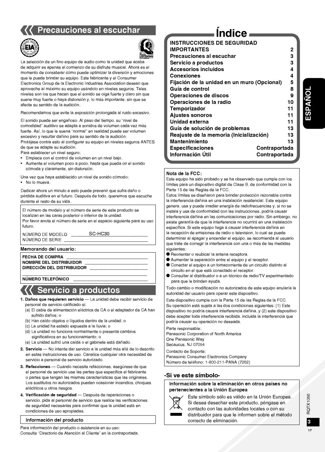 Panasonic SC-HC30 Índice, Precauciones al escuchar, Servicio a productos, Español, Sive este símbolo, Importantes 