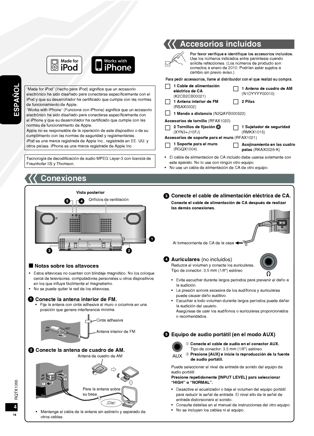 Panasonic SC-HC30 Conexiones, Accesorios incluidos, g Notas sobre los altavoces, Conecte la antena interior de FM, Español 