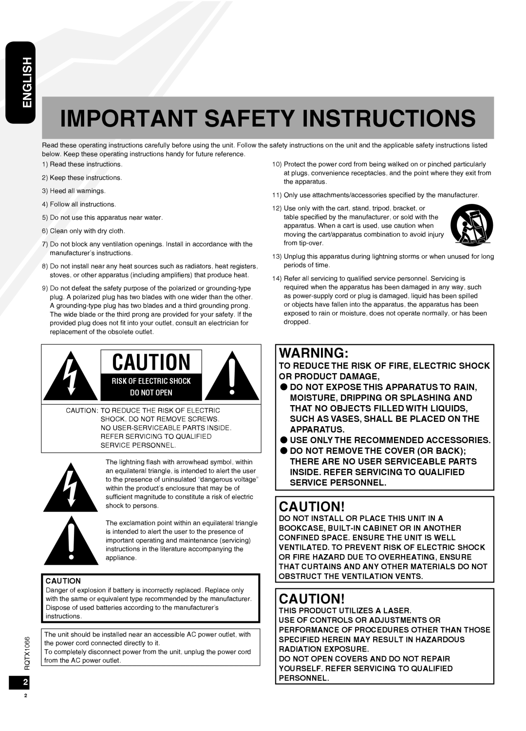 Panasonic SC-HC30 operating instructions Important Safety Instructions, English, Use Only The Recommended Accessories 