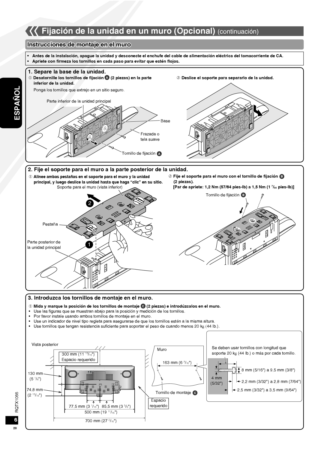 Panasonic SC-HC30 operating instructions Instrucciones de montaje en el muro, Separe la base de la unidad, Español 