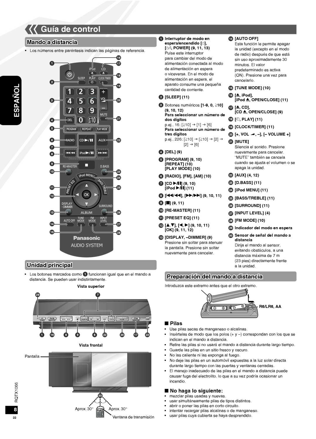Panasonic SC-HC30 Guía de control, Mando a distancia, Unidad principal, Preparación del mando a distancia, Pilas 