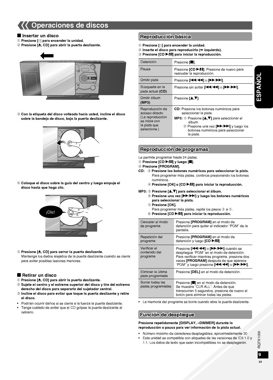 Panasonic SC-HC30 Operaciones de discos, Reproducción básica, Reproducción de programas, Función de despliegue, ¡Clic 