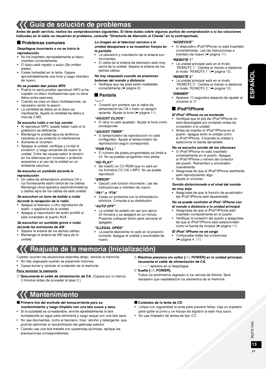 Panasonic SC-HC30 Guía de solución de problemas, Reajuste de la memoria Inicialización, Mantenimiento, g Problemas comunes 