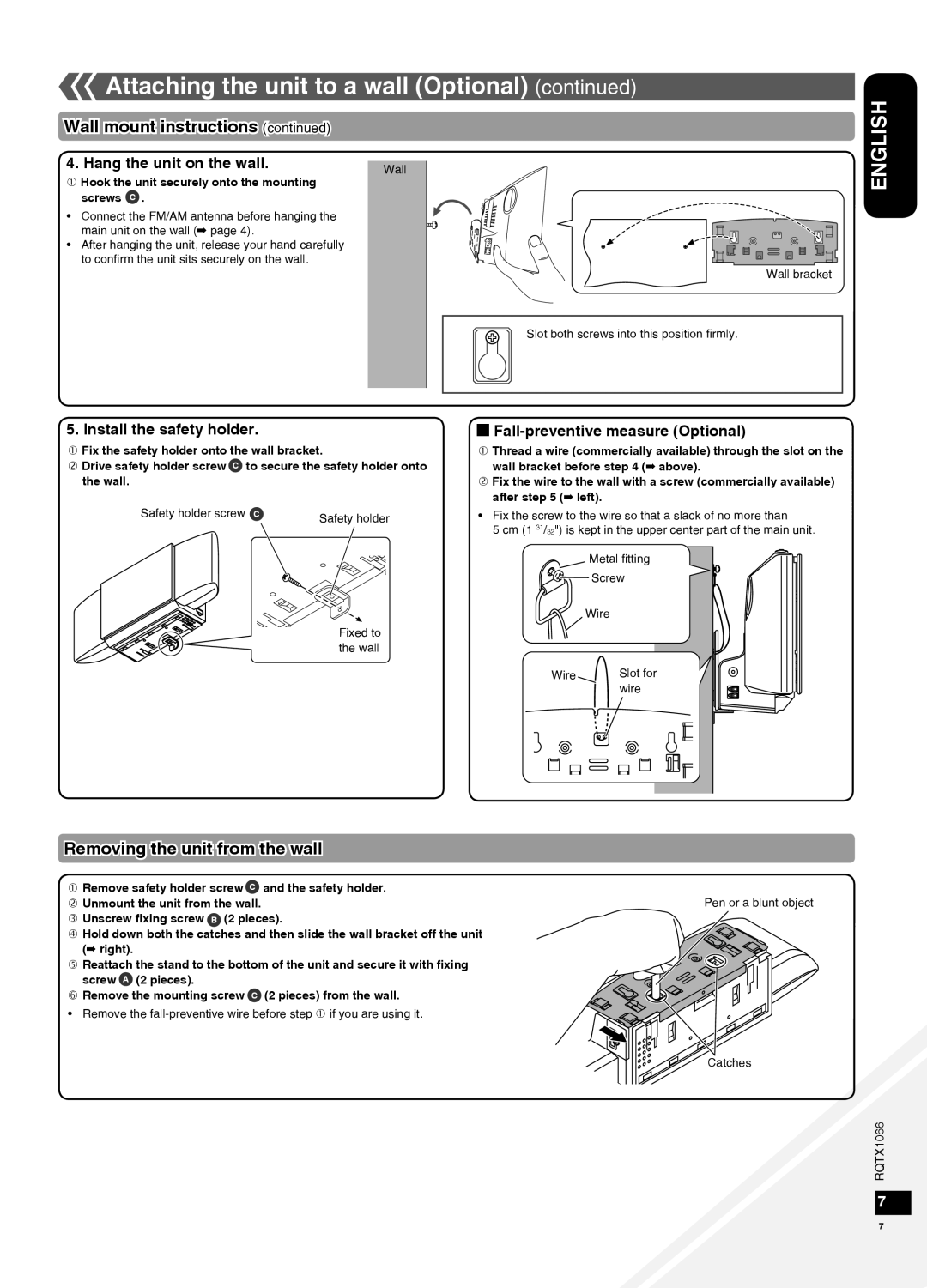 Panasonic SC-HC30 Wall mount instructions continued, Removing the unit from the wall, Hang the unit on the wall, English 