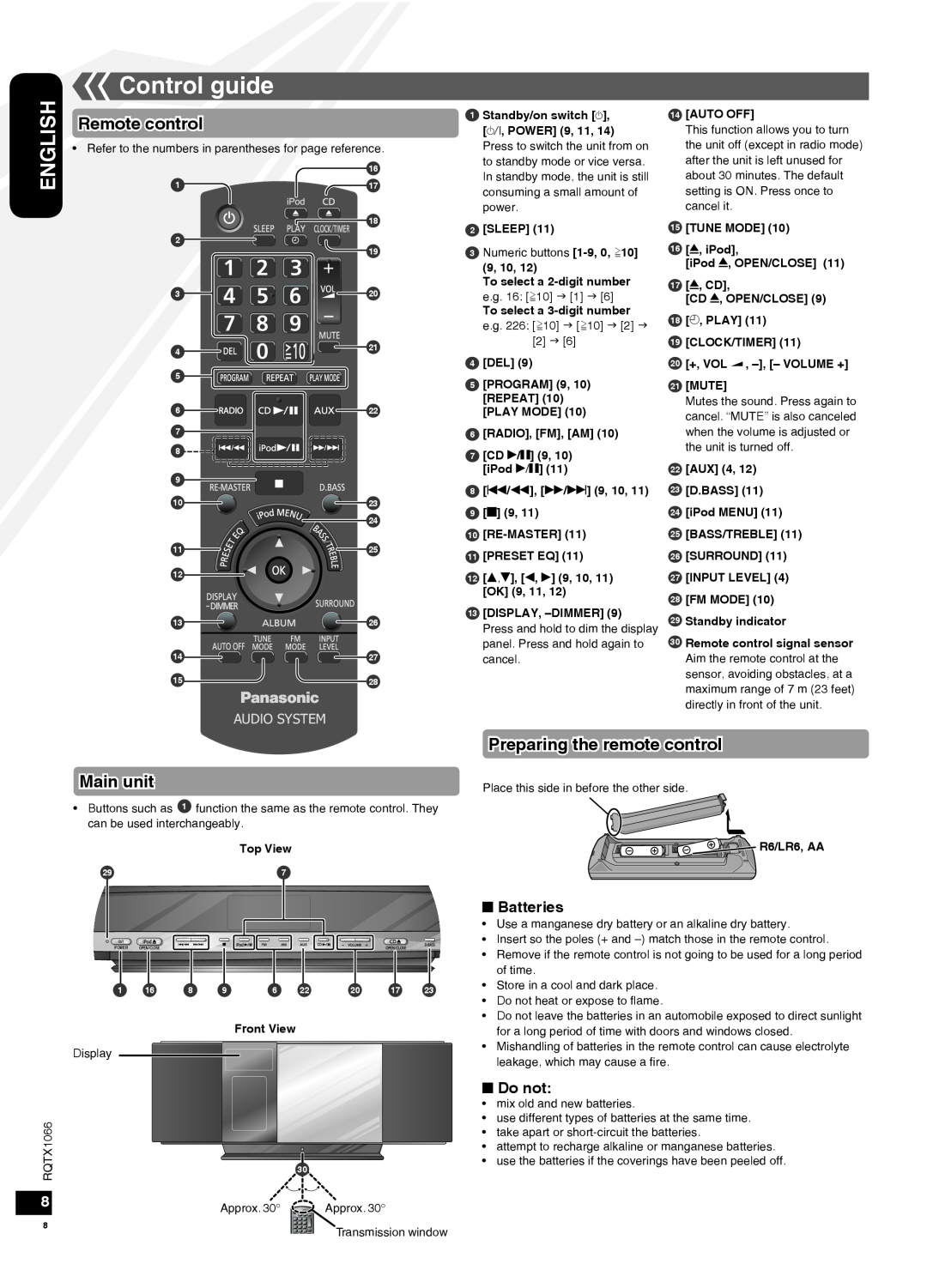 Panasonic SC-HC30 Control guide, Main unit, Preparing the remote control, Batteries, Do not, Audio System, English 