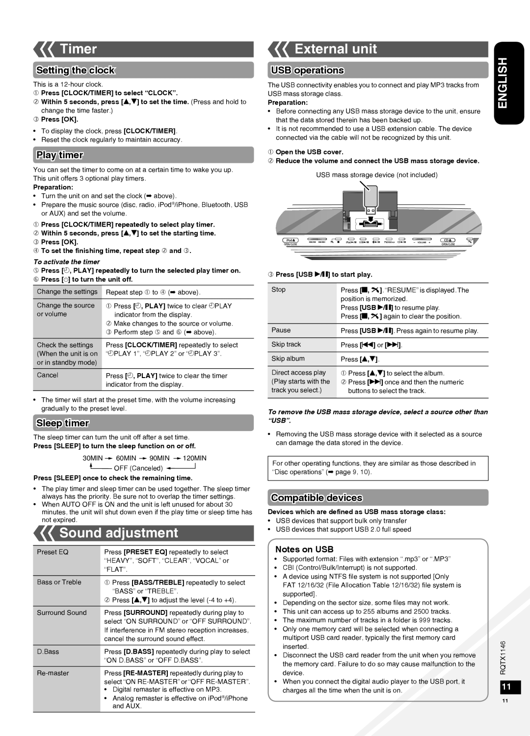 Panasonic SC-HC40 warranty Timer, Sound adjustment, External unit 