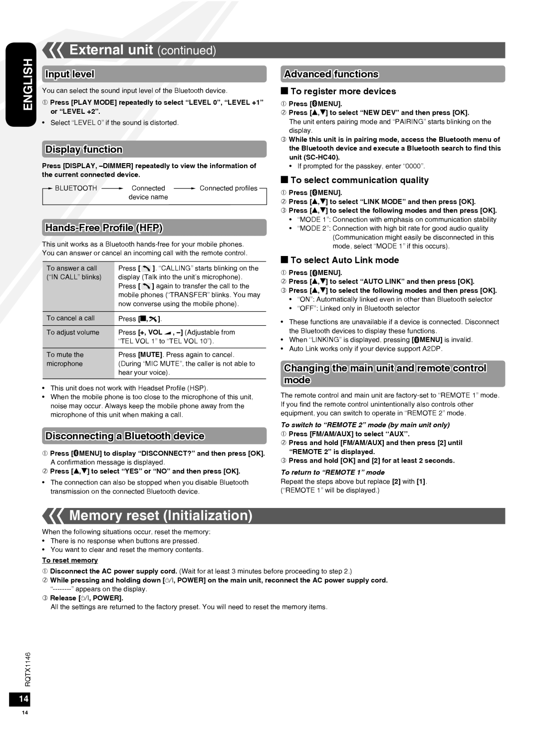 Panasonic SC-HC40 warranty Memory reset Initialization, Hands-Free Profile HFP, Disconnecting a Bluetooth device 