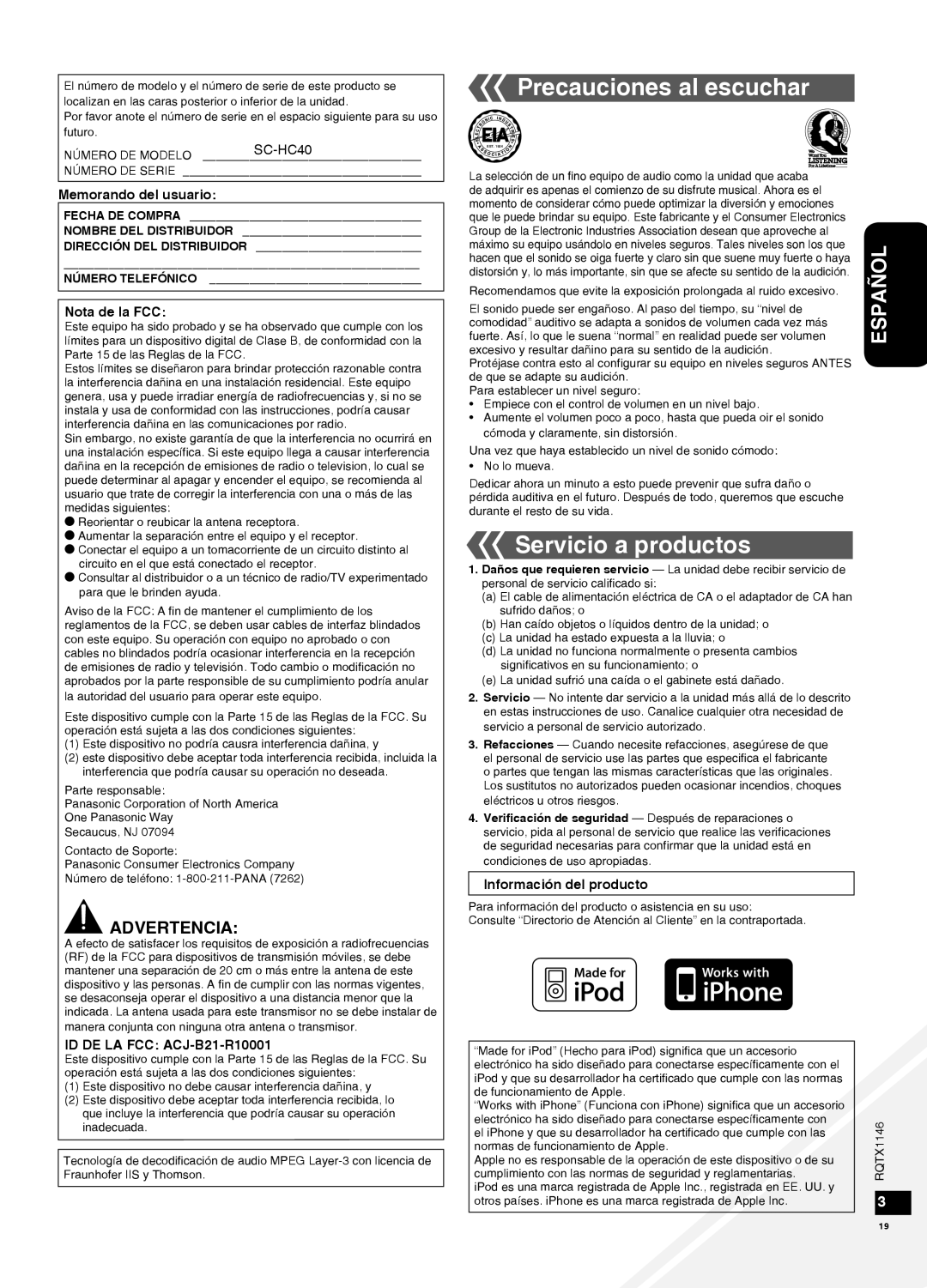 Panasonic SC-HC40 warranty Precauciones al escuchar, Servicio a productos, Dirección DEL Distribuidor 