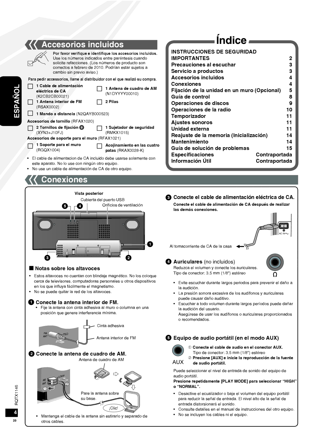 Panasonic SC-HC40 warranty Accesorios incluidos, Conexiones 