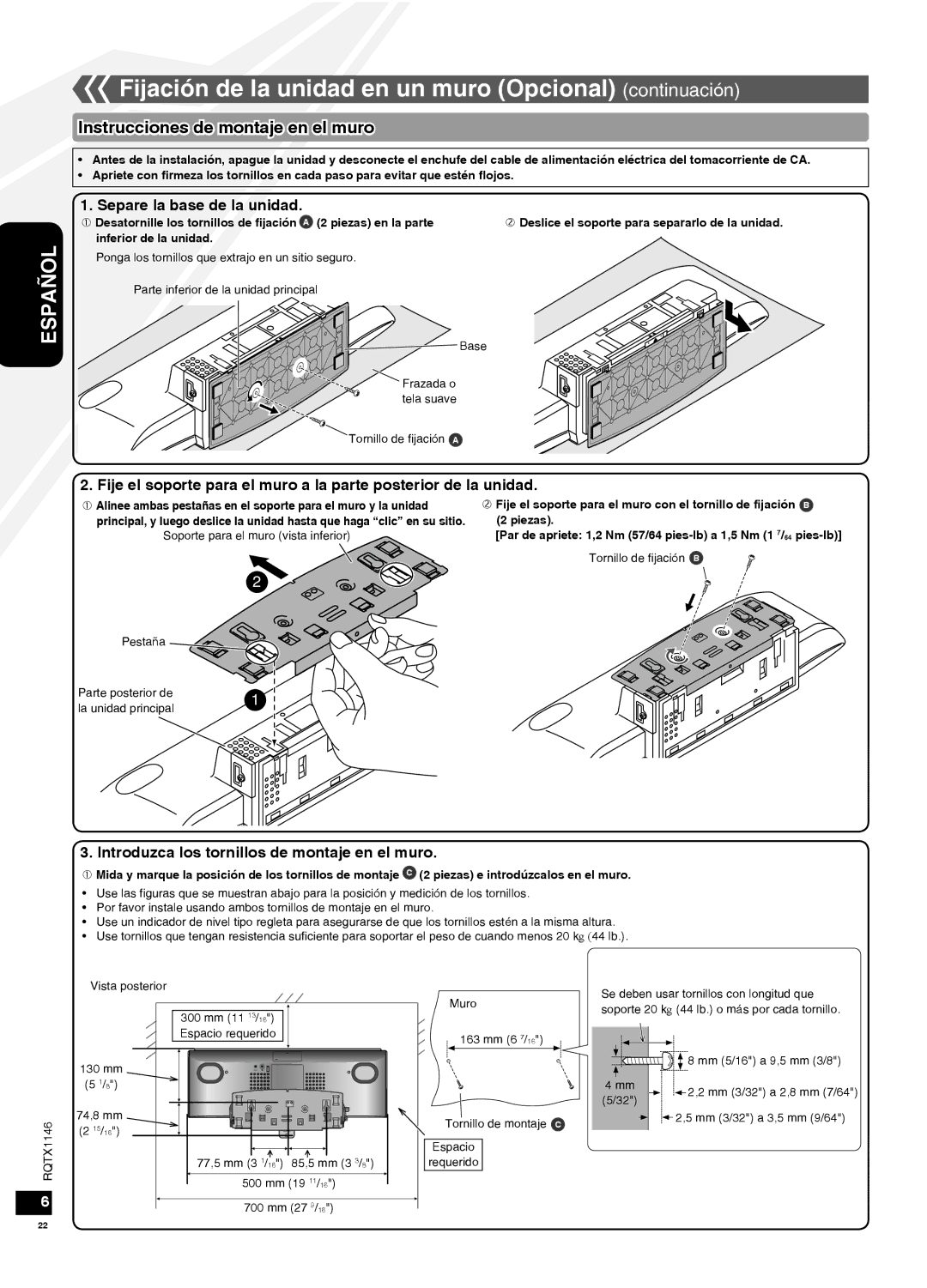 Panasonic SC-HC40 warranty Fijación de la unidad en un muro Opcional continuación, Instrucciones de montaje en el muro 