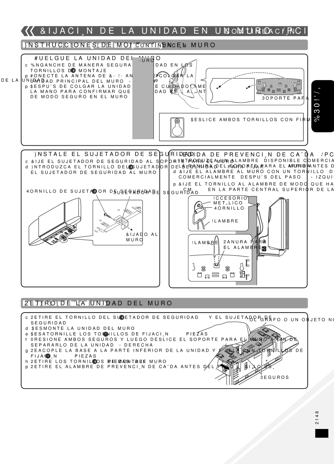 Panasonic SC-HC40 warranty Instrucciones de montaje en el muro continuación, Retiro de la unidad del muro 