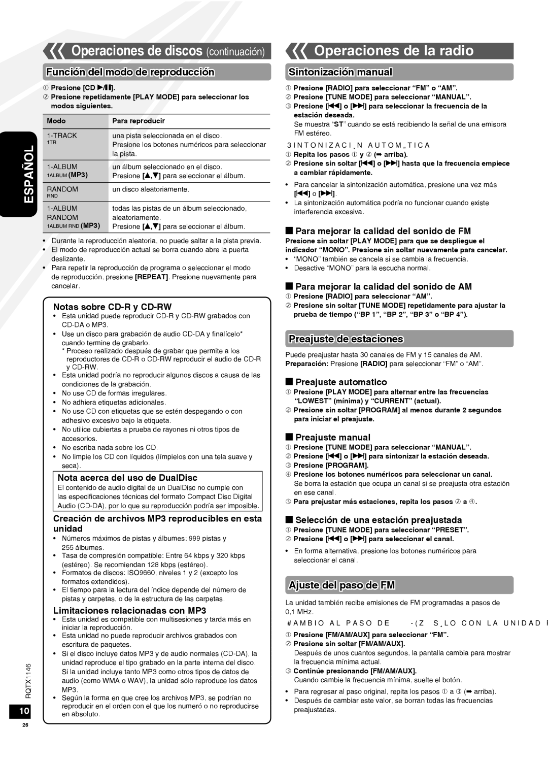 Panasonic SC-HC40 Operaciones de la radio, Función del modo de reproducción, Sintonización manual, Preajuste de estaciones 