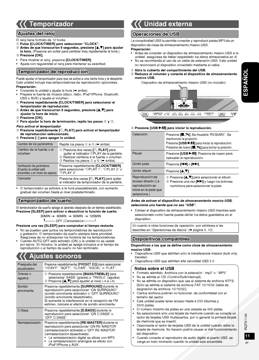 Panasonic SC-HC40 warranty Temporizador, Ajustes sonoros, Unidad externa 