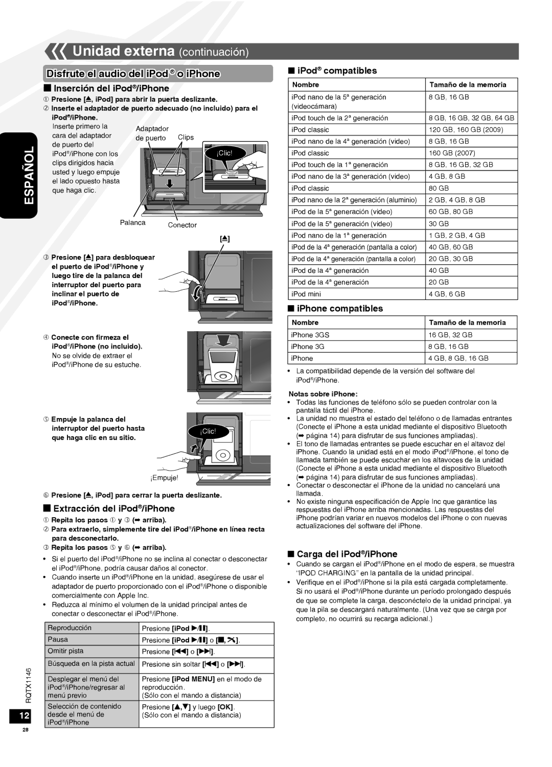 Panasonic SC-HC40 warranty Unidad externa continuación, Disfrute el audio del iPod o iPhone 