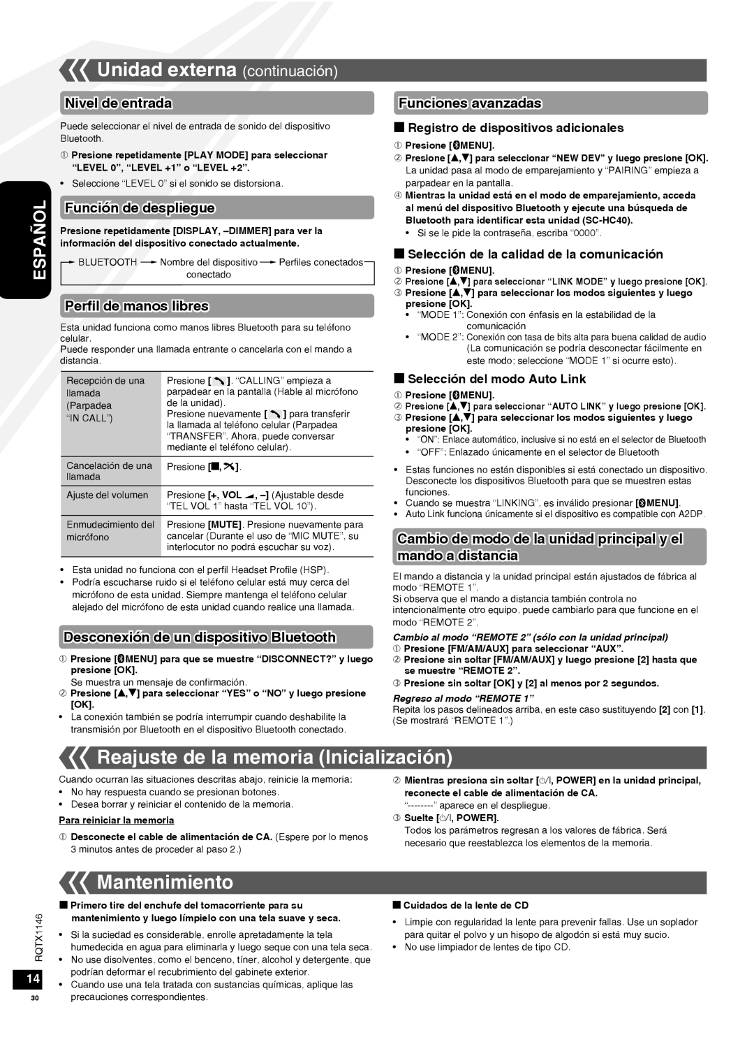 Panasonic SC-HC40 warranty Reajuste de la memoria Inicialización, Mantenimiento 