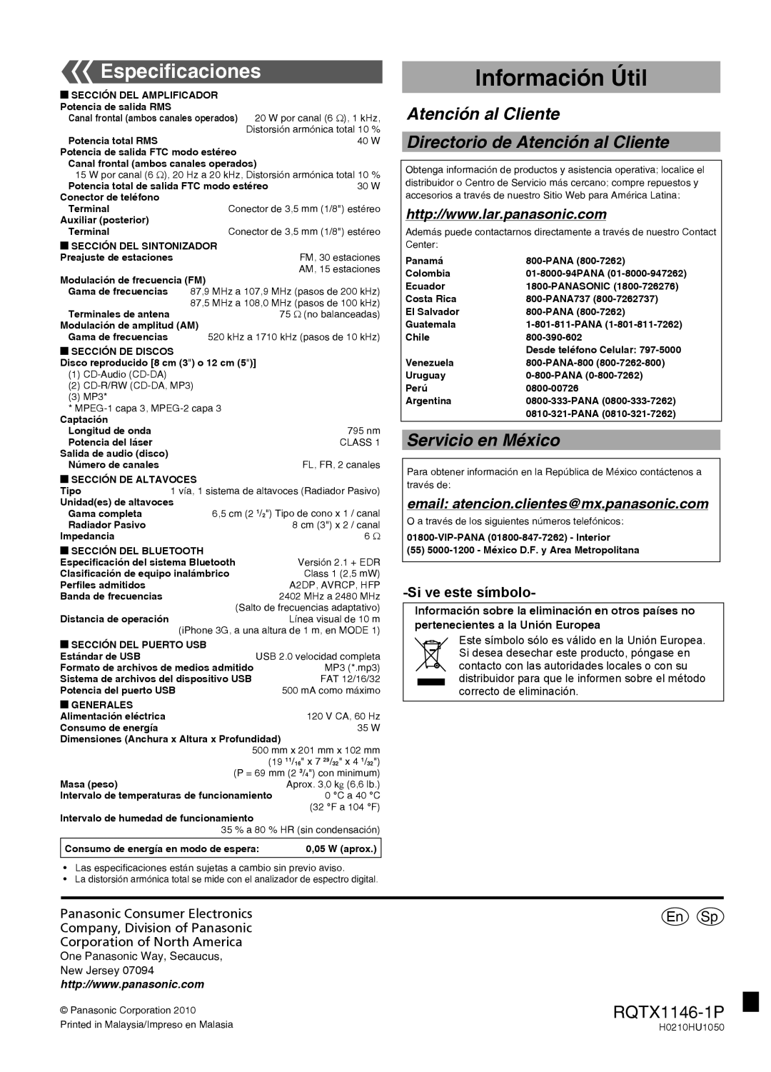 Panasonic SC-HC40 warranty Especiﬁcaciones, Si ve este símbolo 