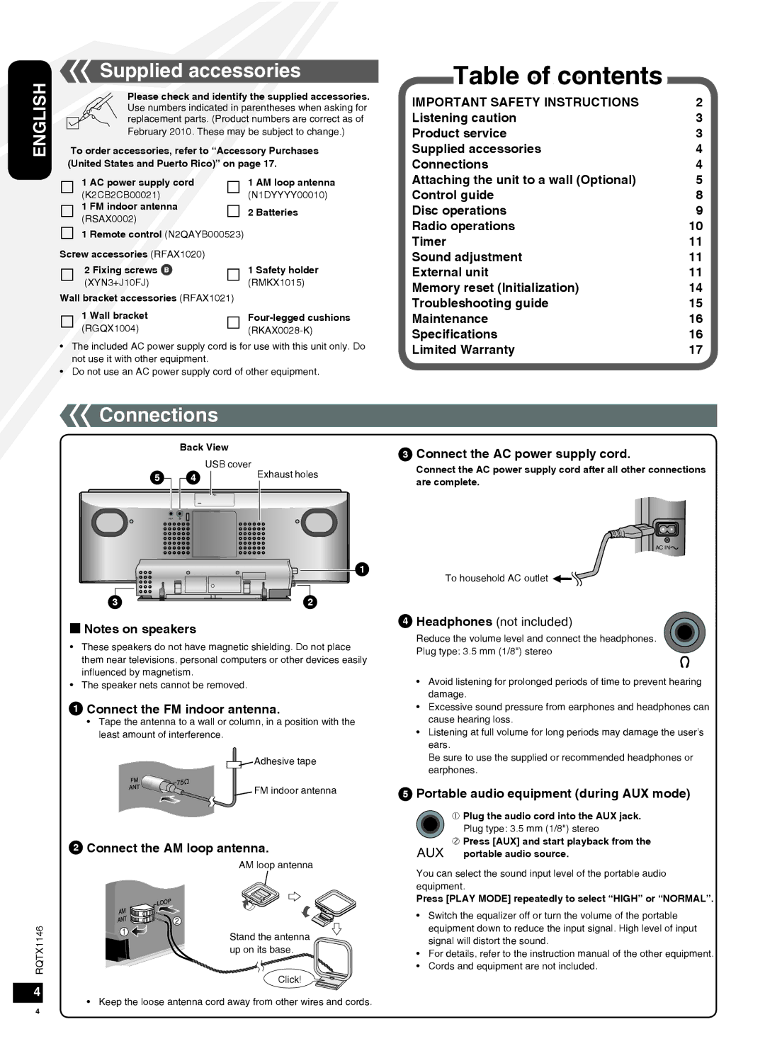 Panasonic SC-HC40 warranty Table of contents 