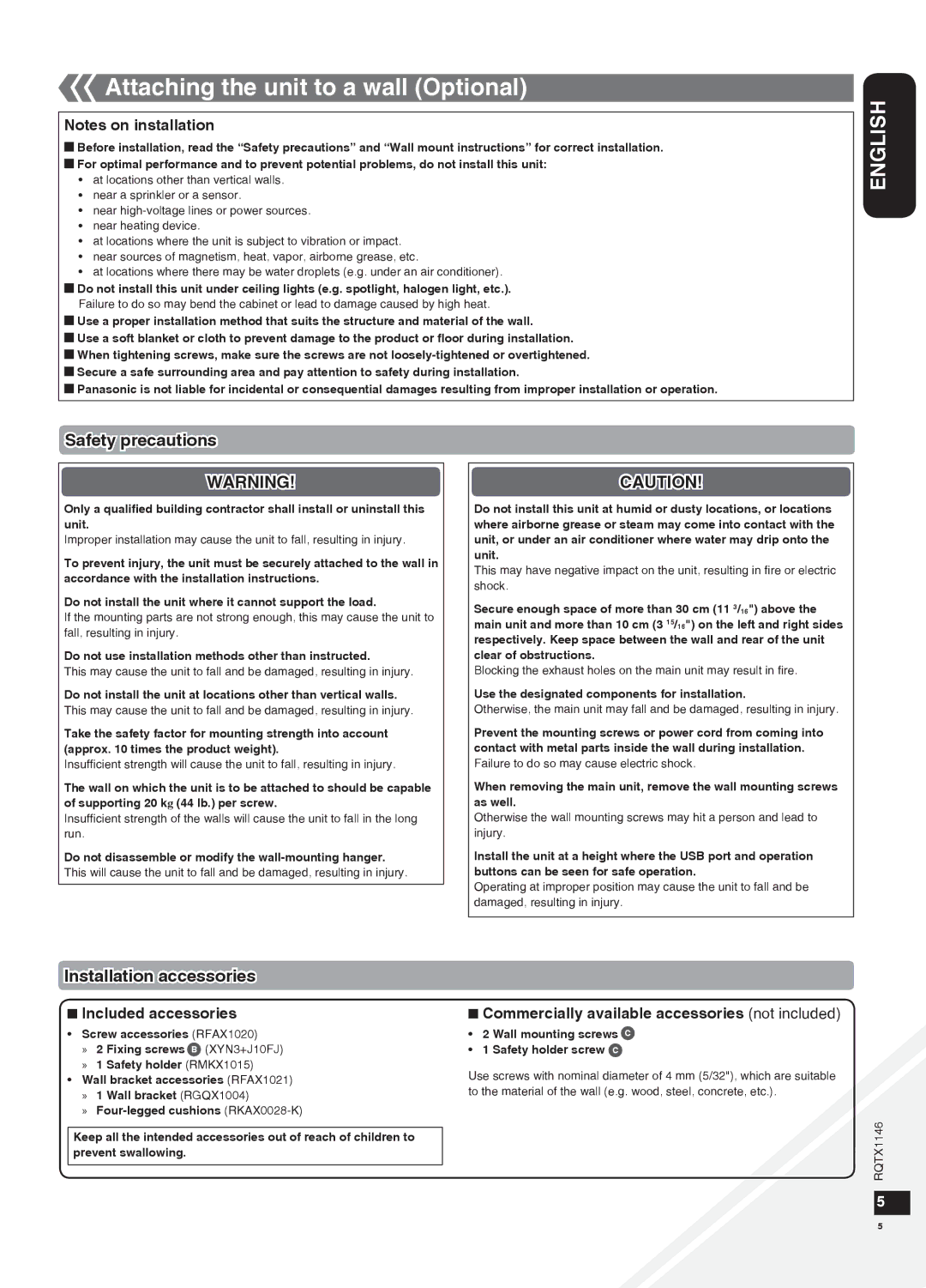 Panasonic SC-HC40 warranty Attaching the unit to a wall Optional, Safety precautions, Installation accessories 