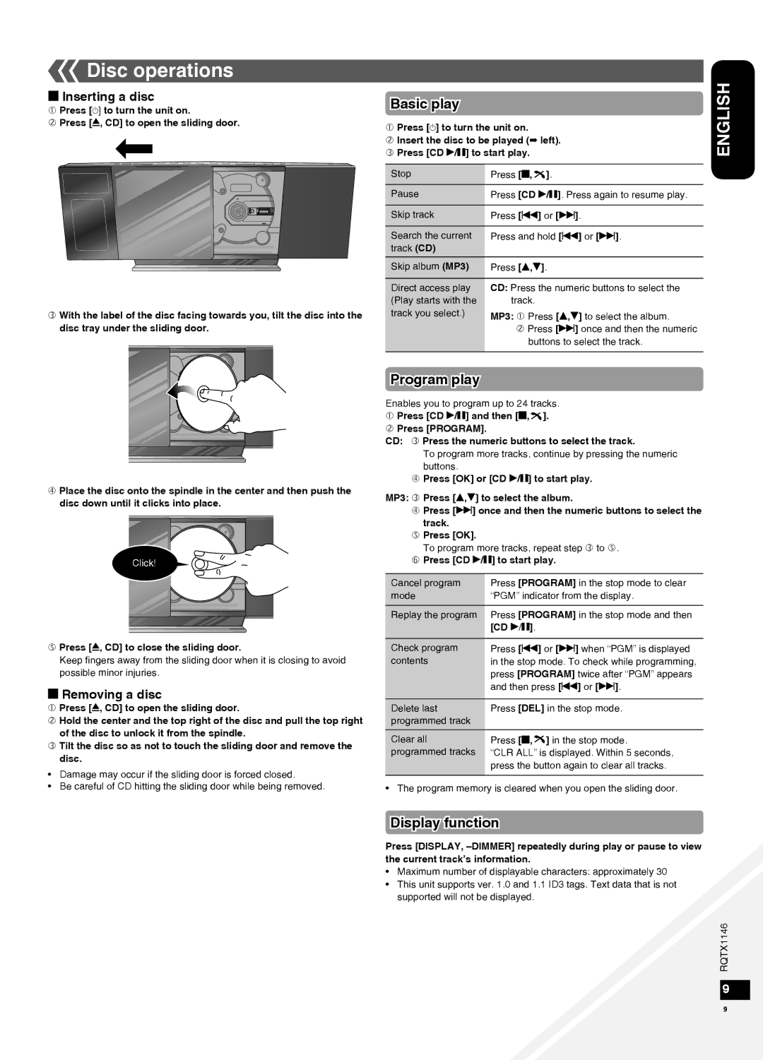 Panasonic SC-HC40 warranty Disc operations, Basic play, Program play, Display function 