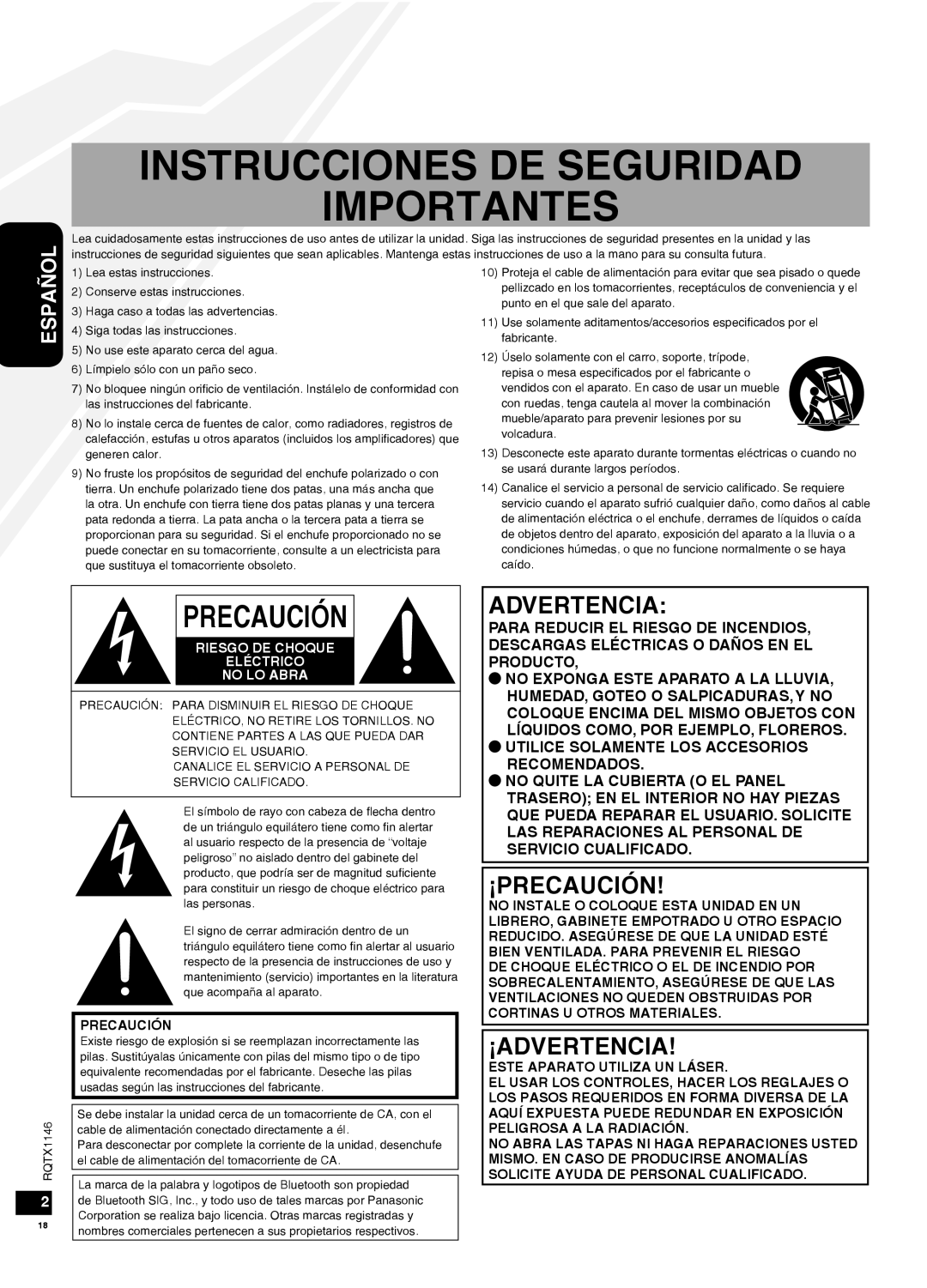 Panasonic SC-HC40 warranty Instrucciones De Seguridad Importantes, ¡Precaución, ¡Advertencia, Español 