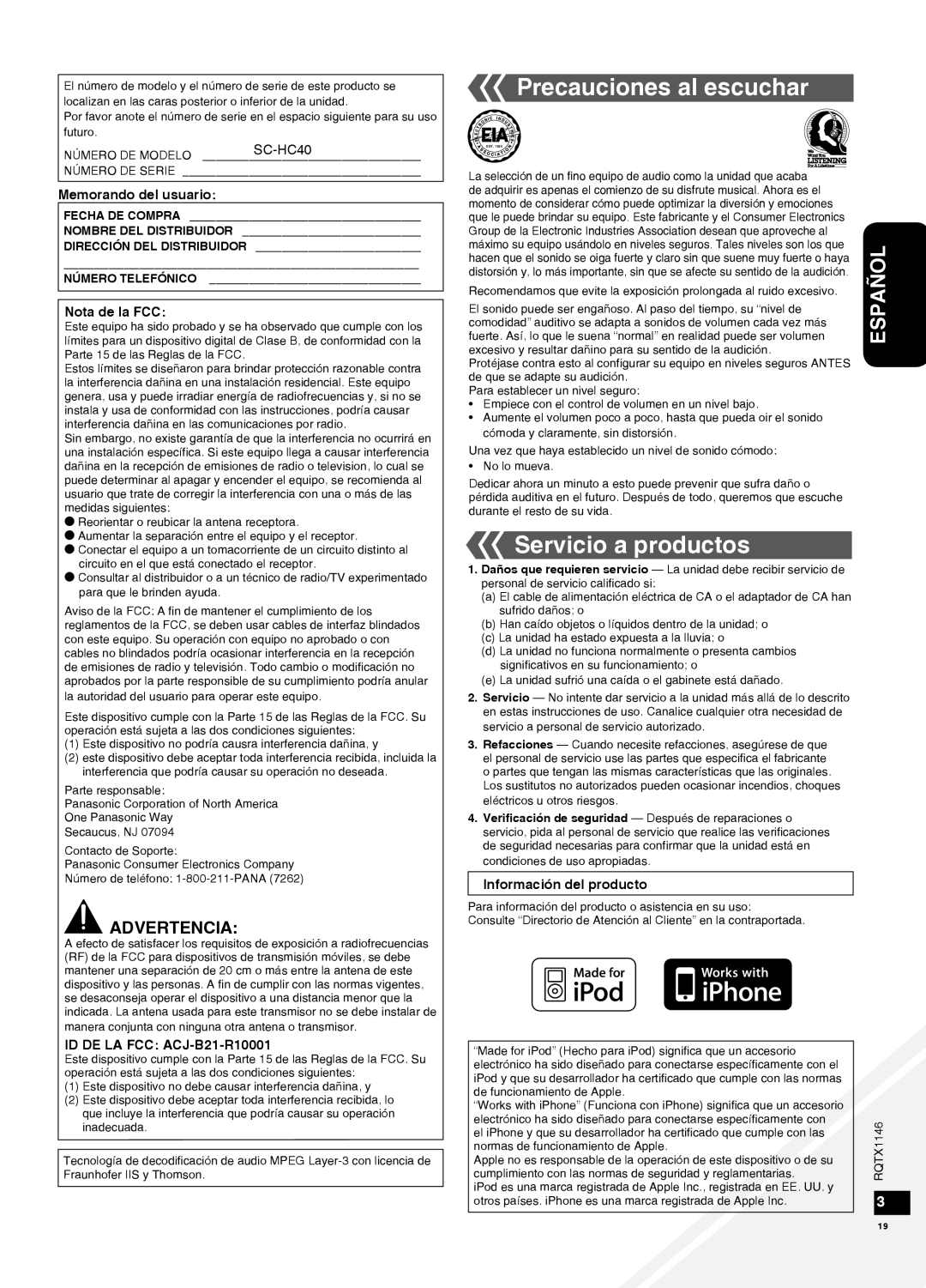 Panasonic SC-HC40 warranty Precauciones al escuchar, Servicio a productos, Advertencia, Español 