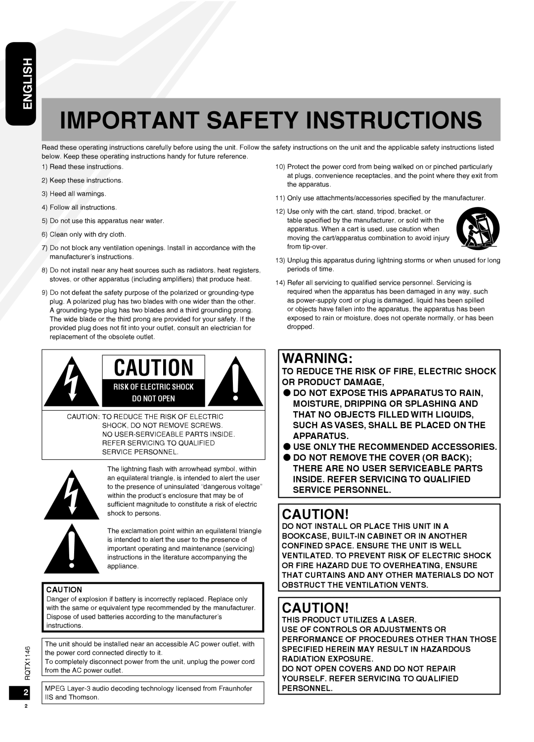 Panasonic SC-HC40 warranty Important Safety Instructions, English, Use Only The Recommended Accessories 
