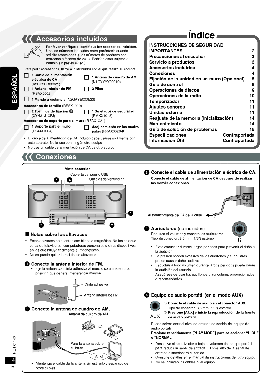 Panasonic SC-HC40 Índice, Accesorios incluidos, Conexiones, g Notas sobre los altavoces, Conecte la antena interior de FM 