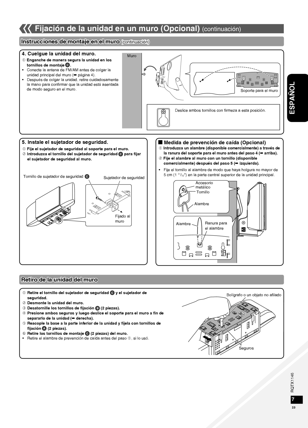 Panasonic SC-HC40 warranty Instrucciones de montaje en el muro continuación, Retiro de la unidad del muro, Español 