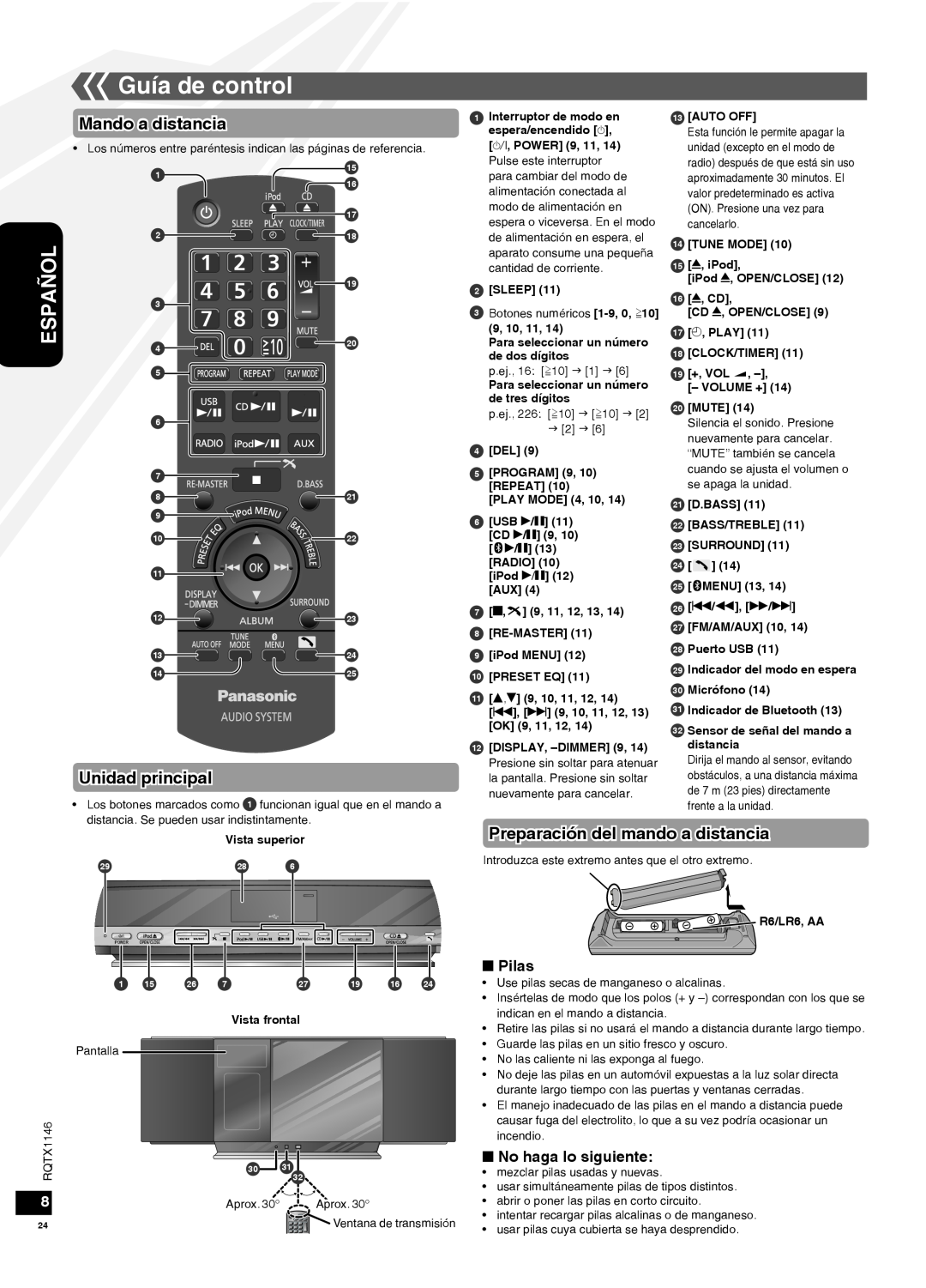 Panasonic SC-HC40 Guía de control, Mando a distancia, Unidad principal, Preparación del mando a distancia, Pilas, Español 