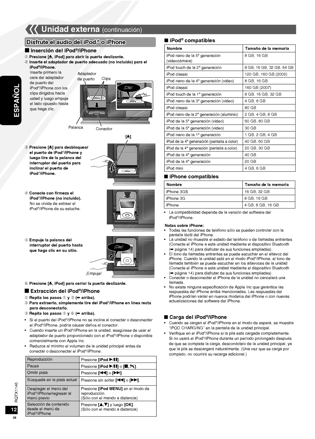 Panasonic SC-HC40 Unidad externa continuación, Disfrute el audio deliPod o iPhone, g Inserción del iPod/iPhone, Español 