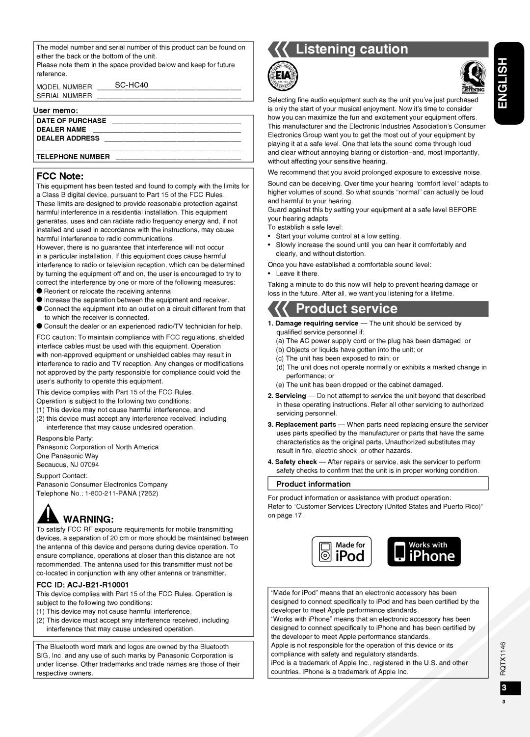 Panasonic SC-HC40 warranty Listening caution, Product service, FCC Note 