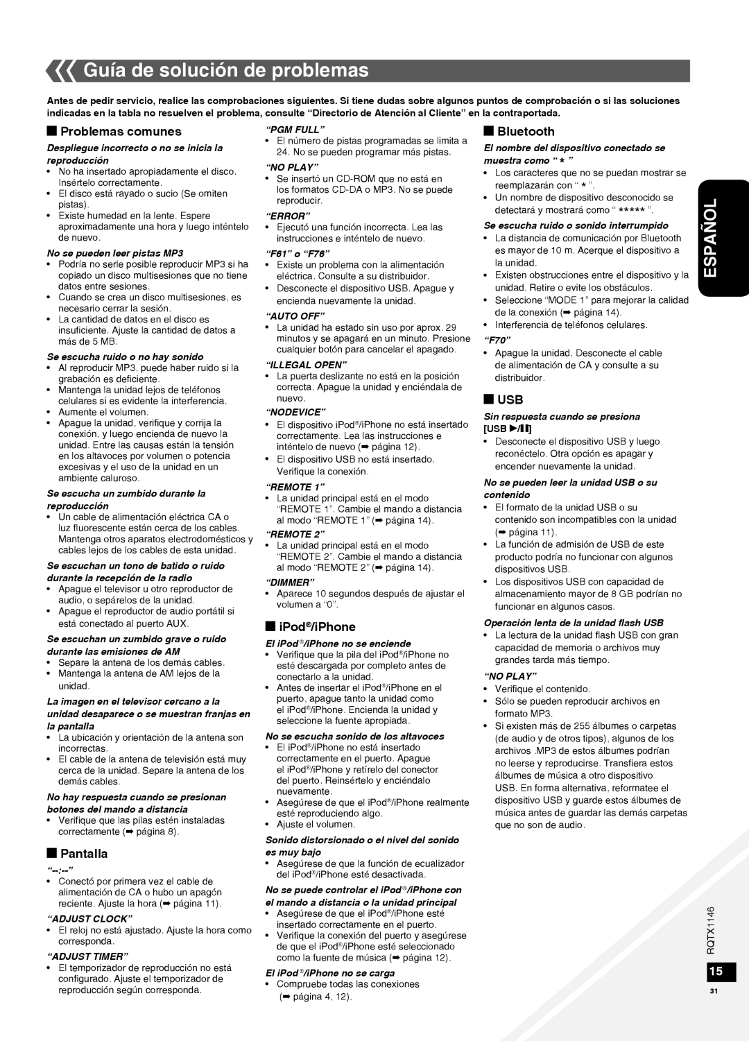 Panasonic SC-HC40 Guía de solución de problemas, g Problemas comunes, gPantalla, Español, giPod/iPhone, gBluetooth, gUSB 