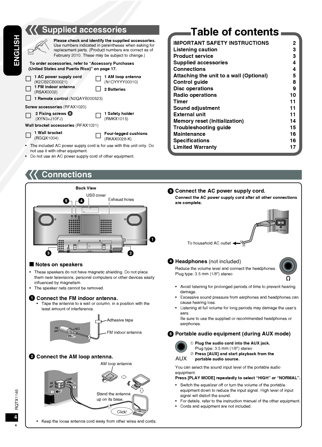 Panasonic SC-HC40 Table of contents, Supplied accessories, Connections, Important Safety Instructions, Listening caution 