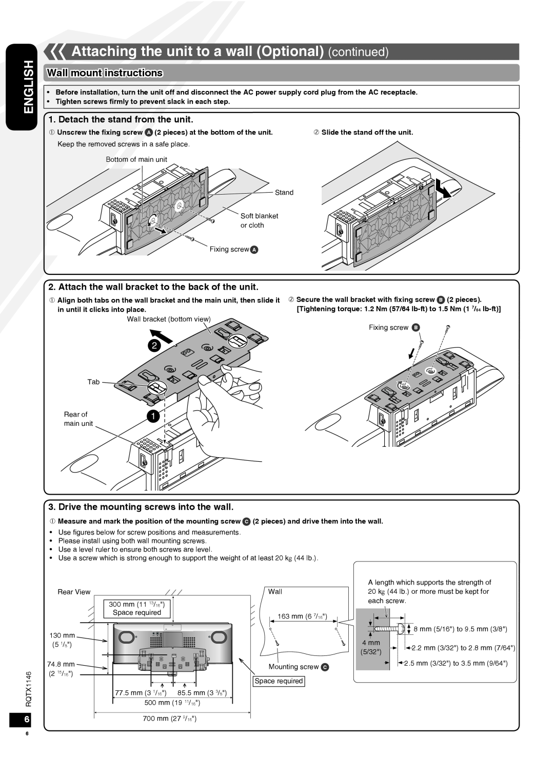 Panasonic SC-HC40 Attaching the unit to a wall Optional continued, Wall mount instructions, Detach the stand from the unit 