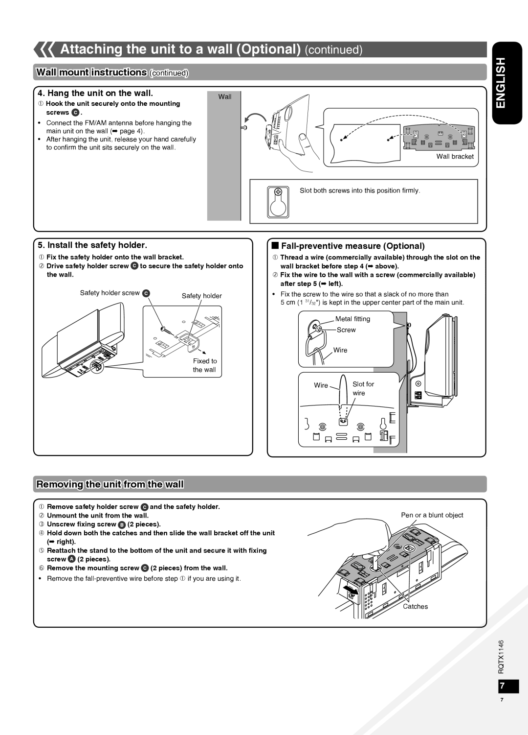 Panasonic SC-HC40 Wall mount instructions continued, Removing the unit from the wall, Hang the unit on the wall, English 