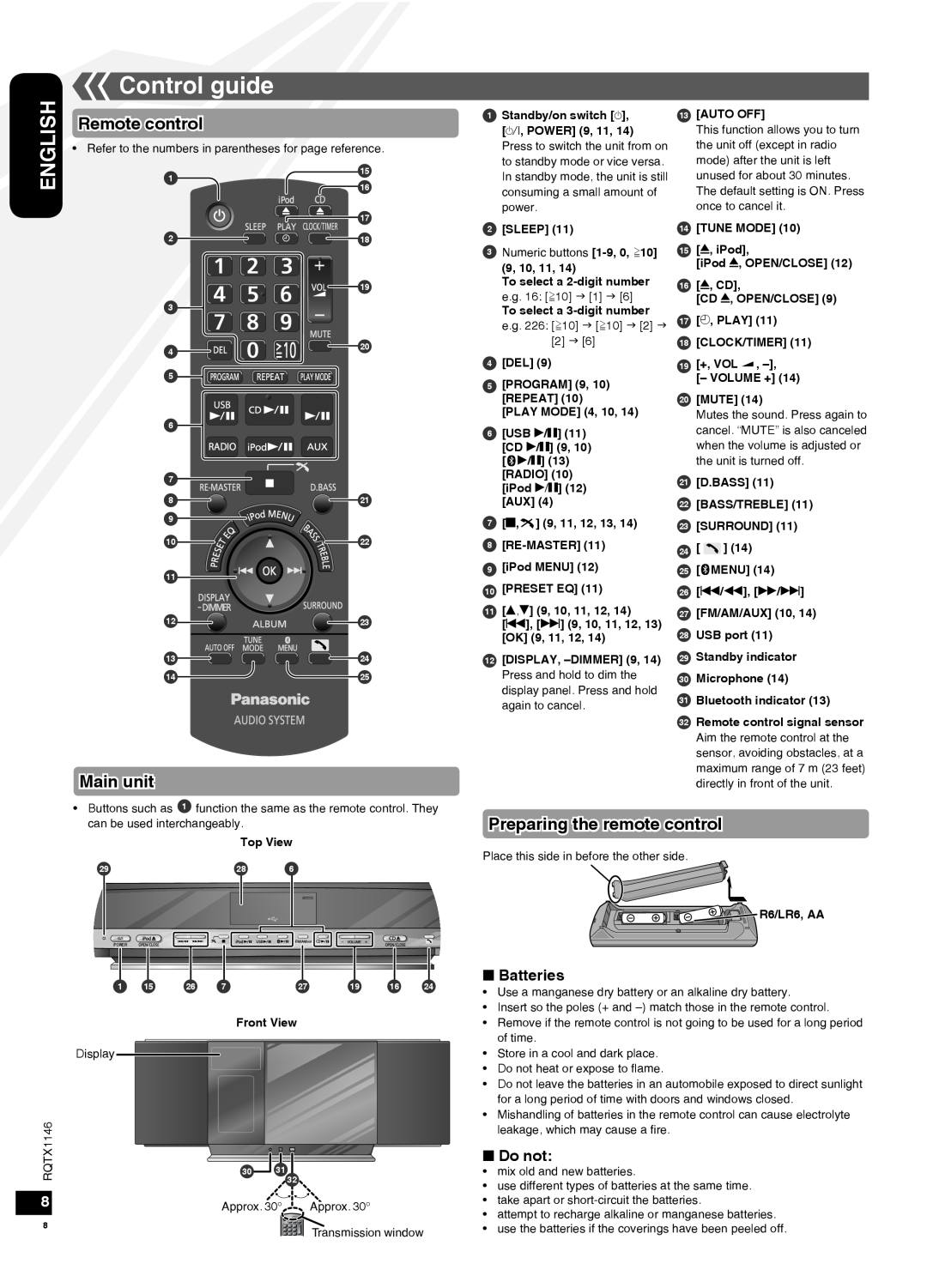 Panasonic SC-HC40 Control guide, Remote control, Main unit, Preparing the remote control, Batteries, Do not, English 