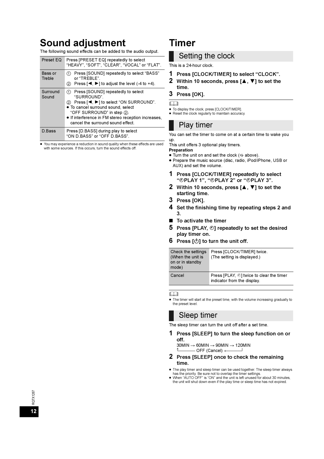 Panasonic SC-HC55DB, SC-HC35 installation instructions Sound adjustment, Timer, Setting the clock, Play timer, Sleep timer 