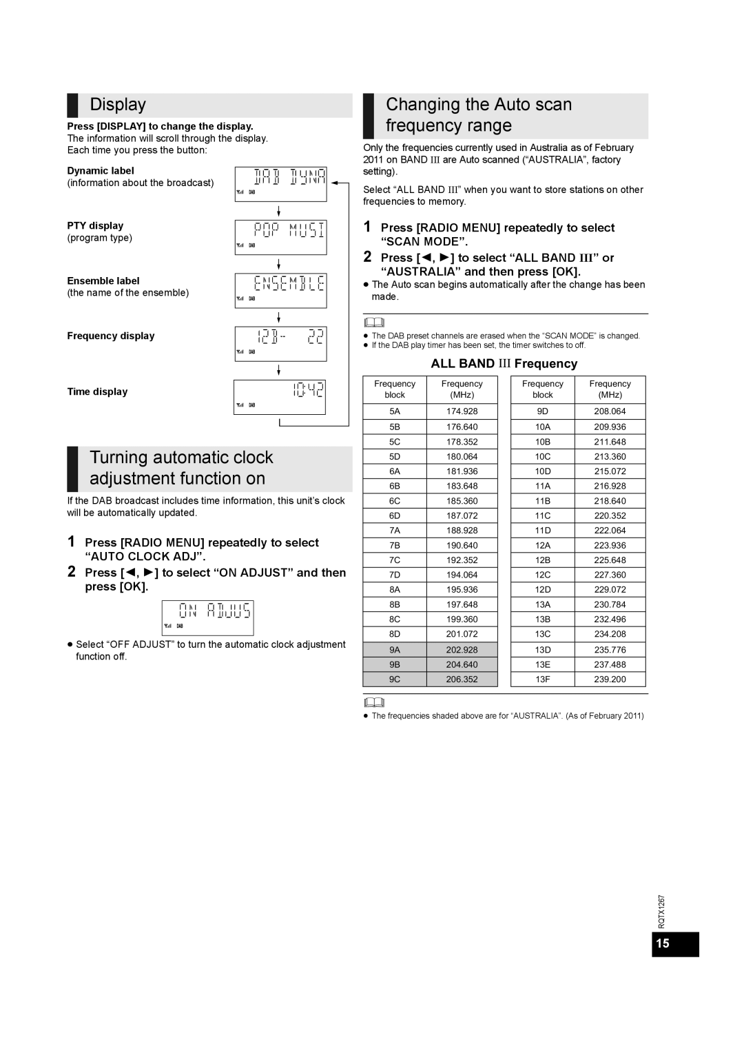 Panasonic SC-HC35 Display, Changing the Auto scan frequency range, Turning automatic clock adjustment function on 