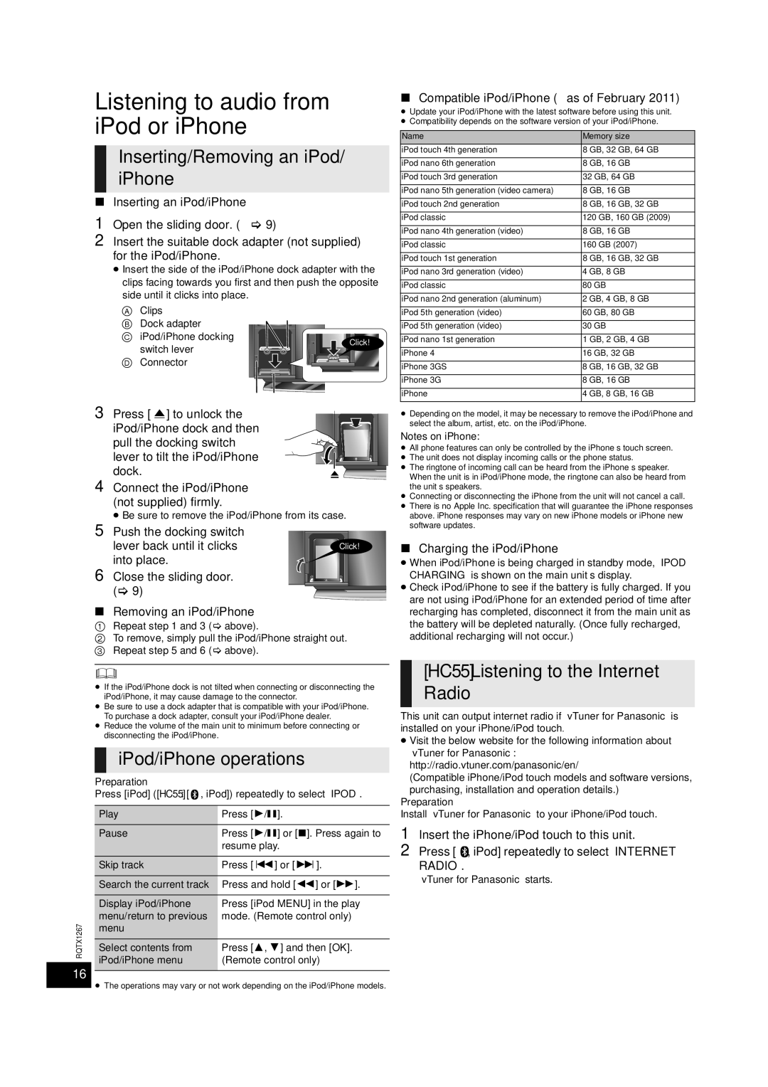 Panasonic SC-HC55DB Listening to audio from iPod or iPhone, Inserting/Removing an iPod/ iPhone, IPod/iPhone operations 