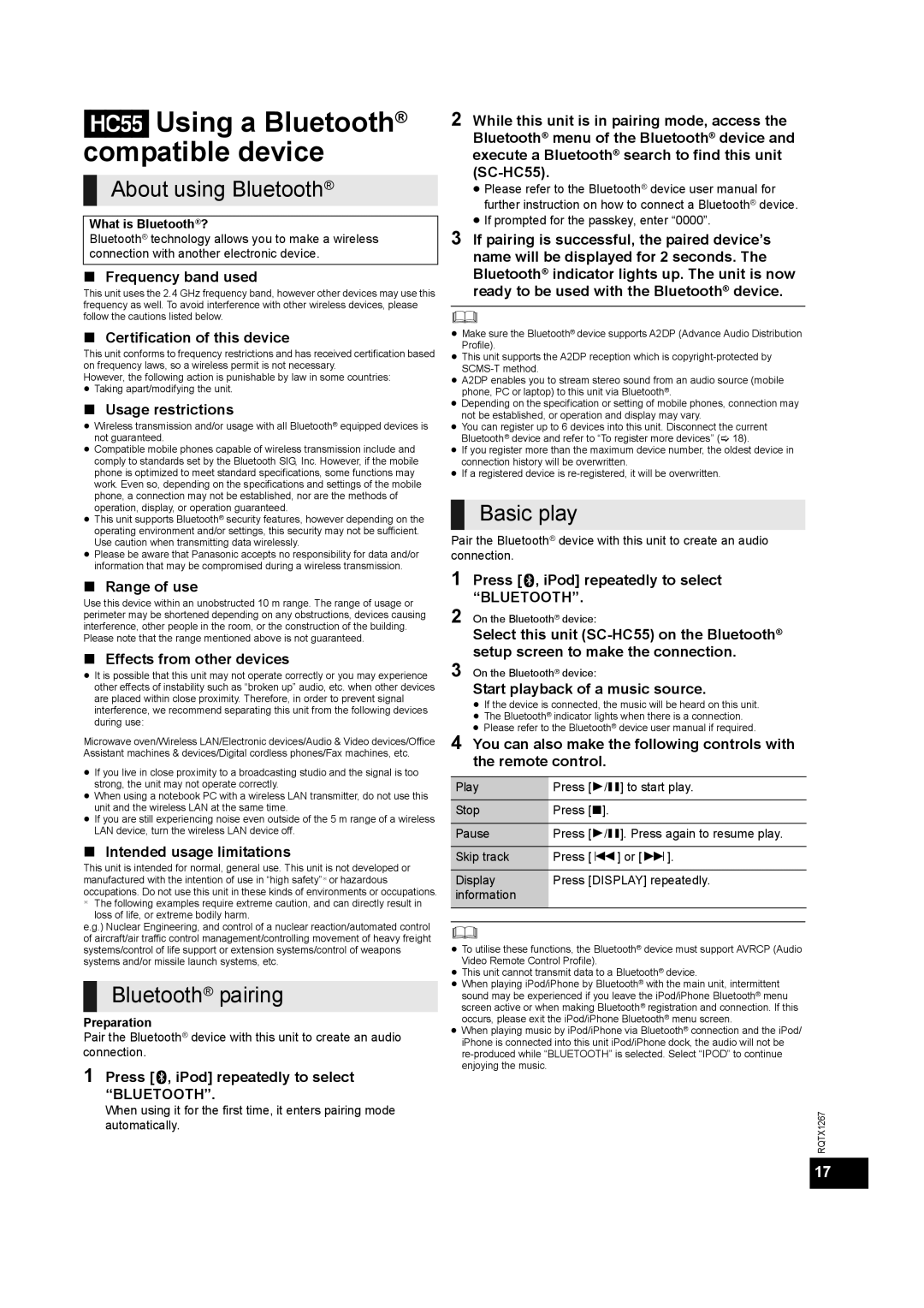 Panasonic SC-HC35, SC-HC55DB installation instructions About using Bluetooth, Bluetooth pairing 