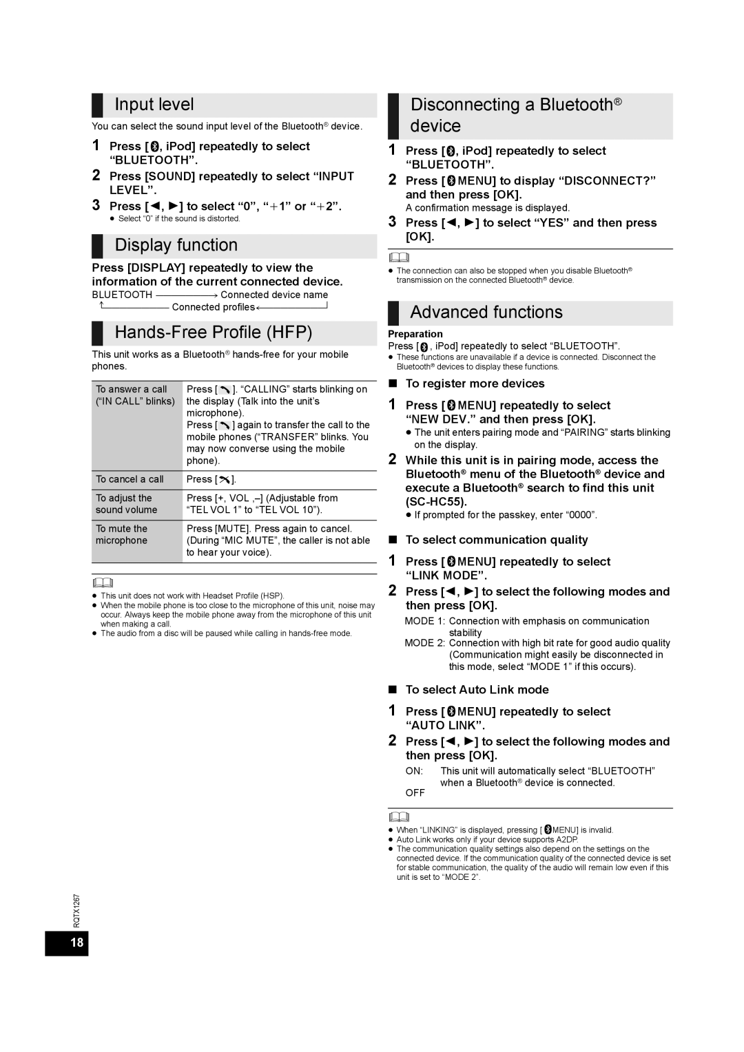 Panasonic SC-HC55DB, SC-HC35 Input level, Display function, Hands-Free Profile HFP, Disconnecting a Bluetooth device 