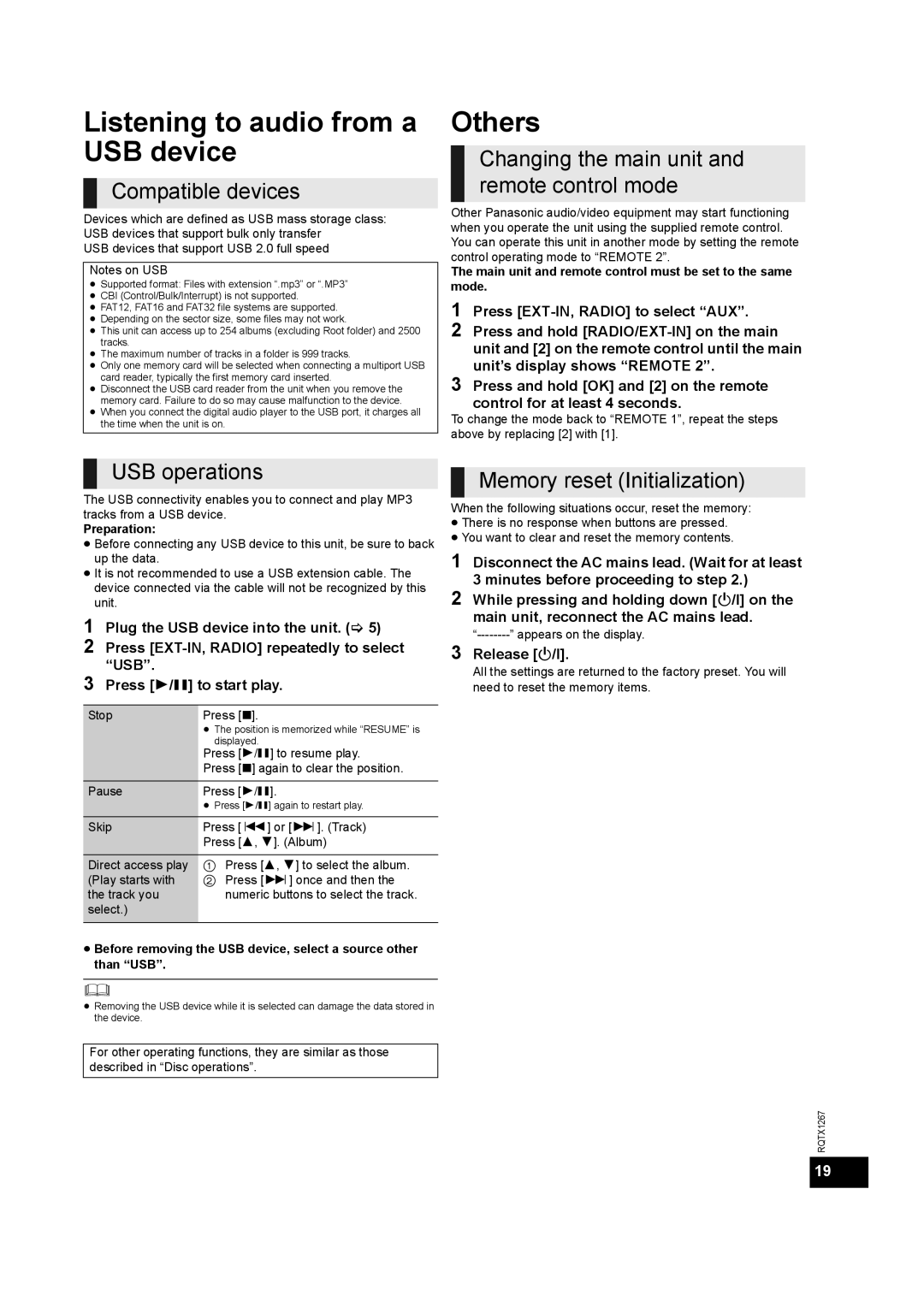 Panasonic SC-HC35, SC-HC55DB installation instructions Listening to audio from a USB device, Others 